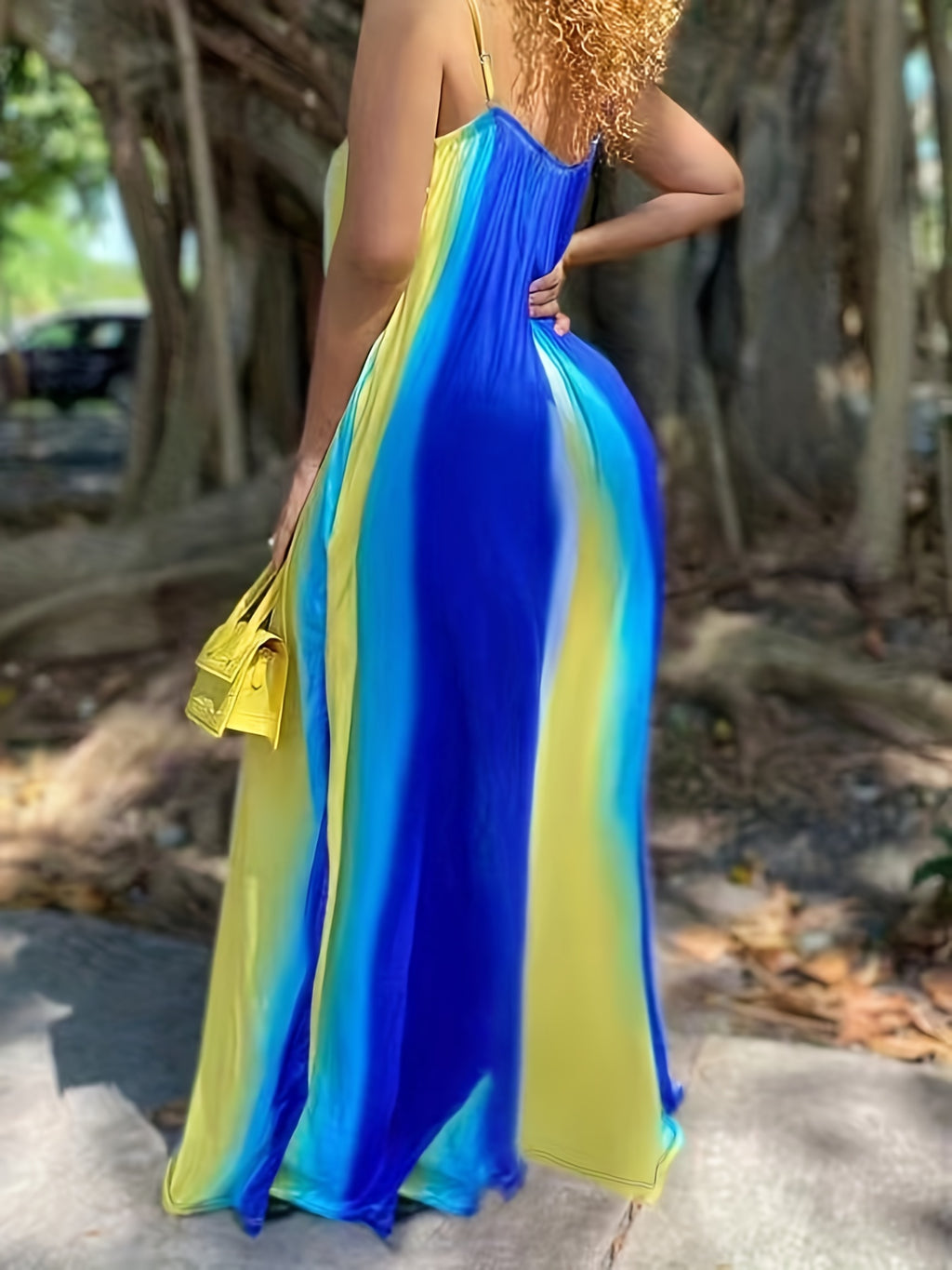 [Plus Size Maxi Dress] Elegant Plus Size Tie Dye V Neck Loose Cami Maxi Dress, Women's Slight Stretch Long Dress