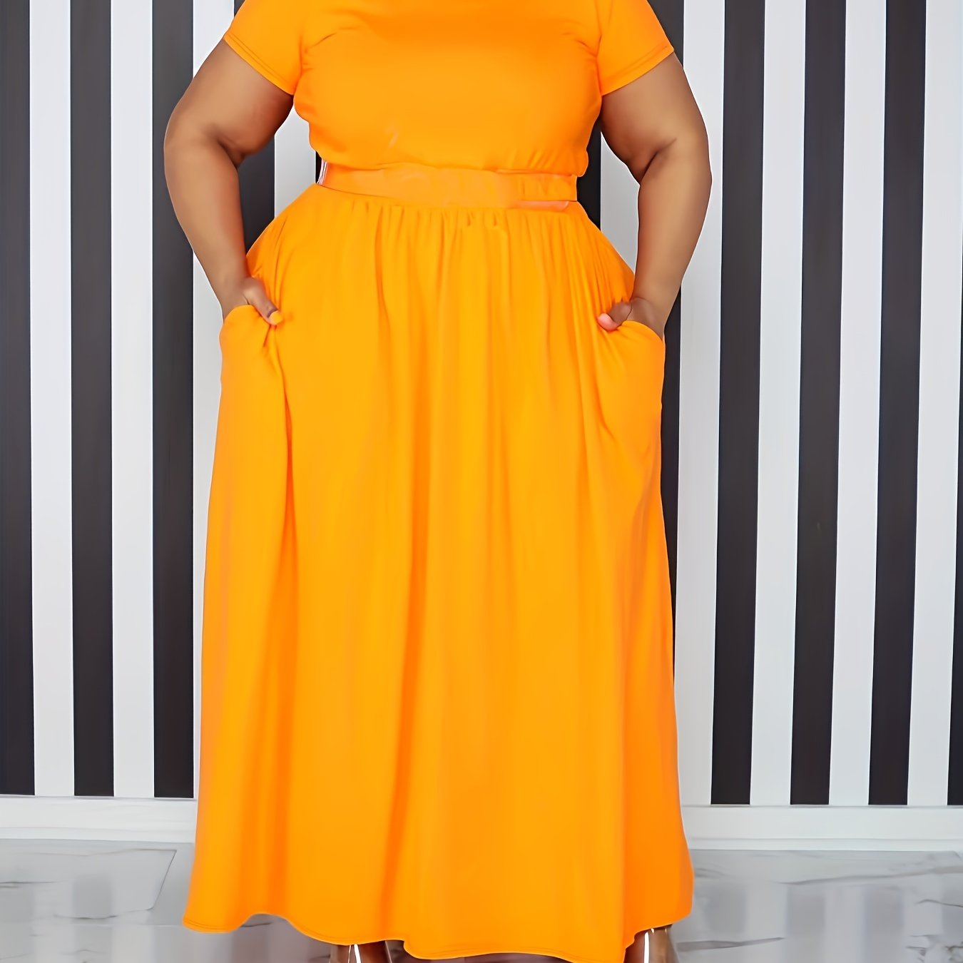 [Elegant Maxi Dress] Elegant Plus Size Solid Maxi Dress, Women's Medium Stretch Long Dress