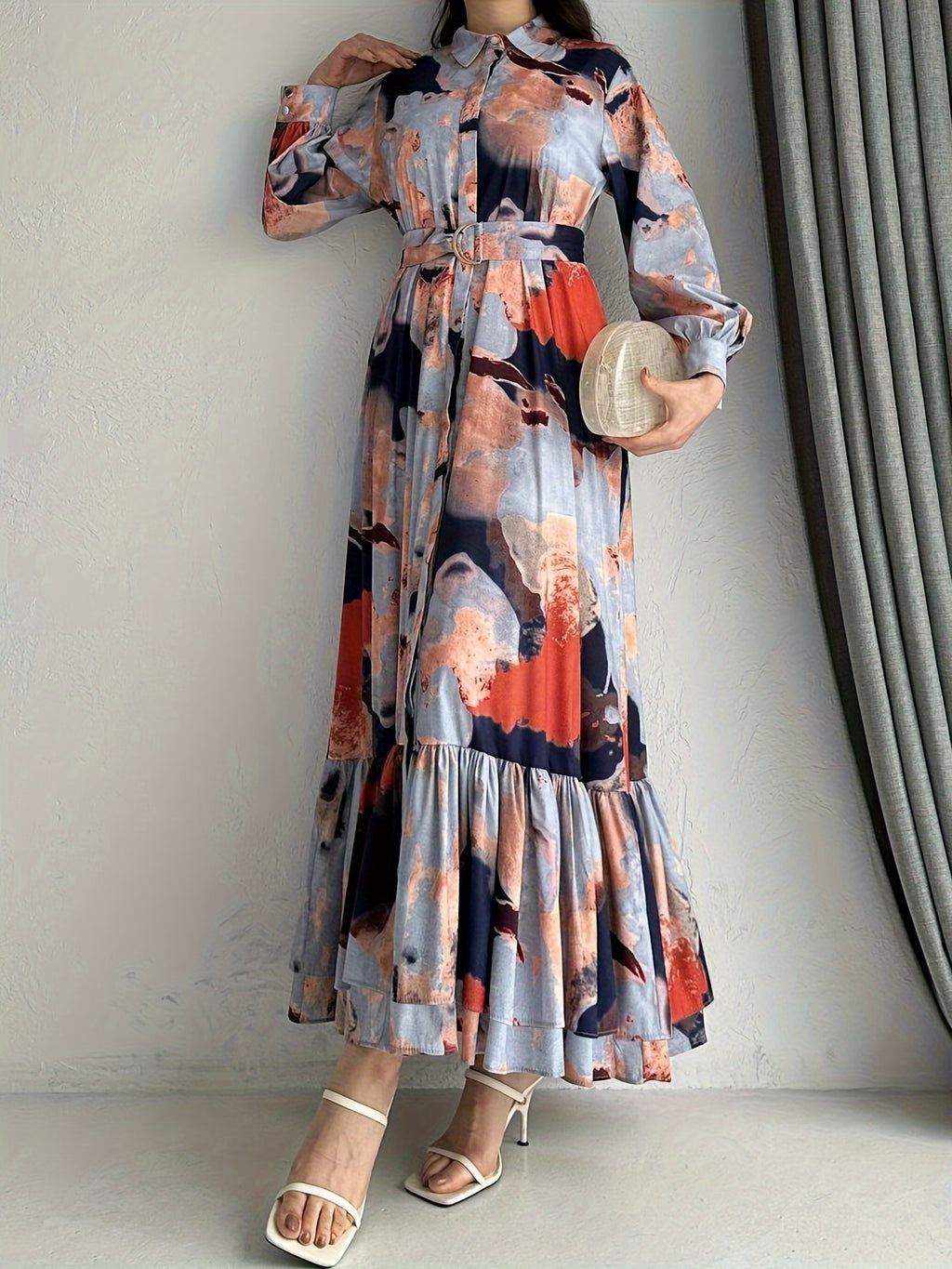 [Muslim Printed Long Dress] Temperament Printed Long Dress - Women's Middle Eastern Muslim Style