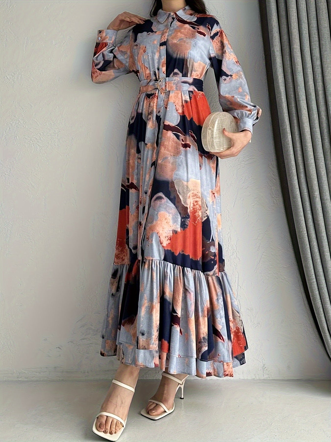 [Muslim Printed Long Dress] Temperament Printed Long Dress - Women's Middle Eastern Muslim Style