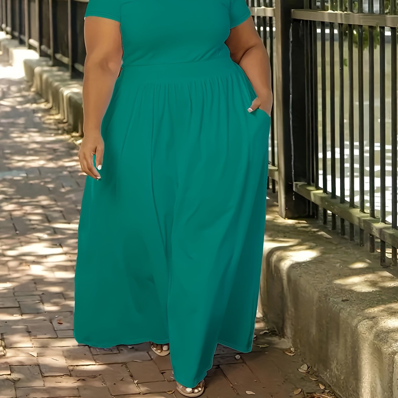 [Elegant Maxi Dress] Elegant Plus Size Solid Maxi Dress, Women's Medium Stretch Long Dress