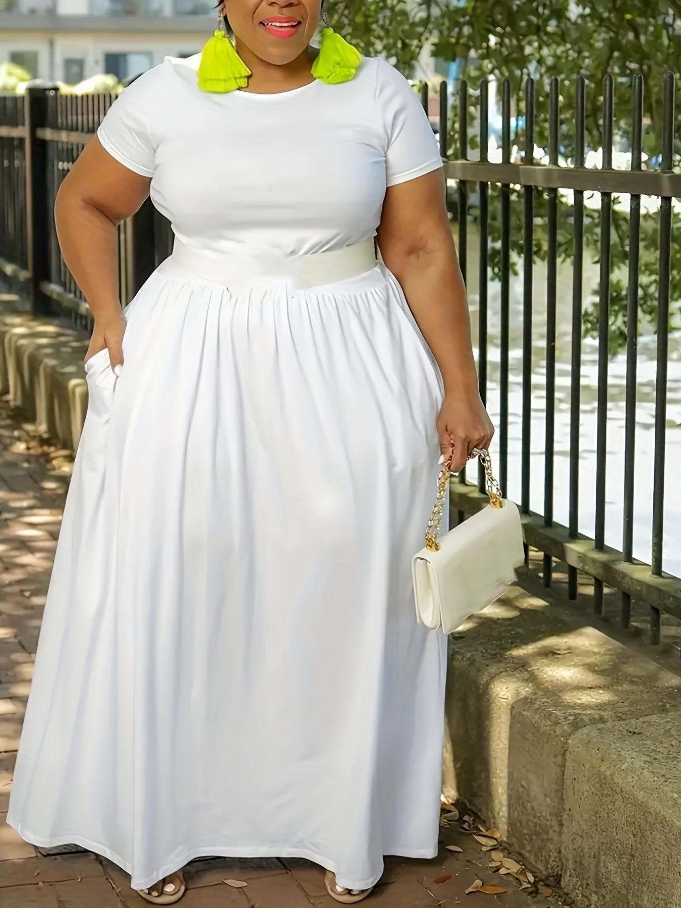 [Elegant Maxi Dress] Elegant Plus Size Solid Maxi Dress, Women's Medium Stretch Long Dress