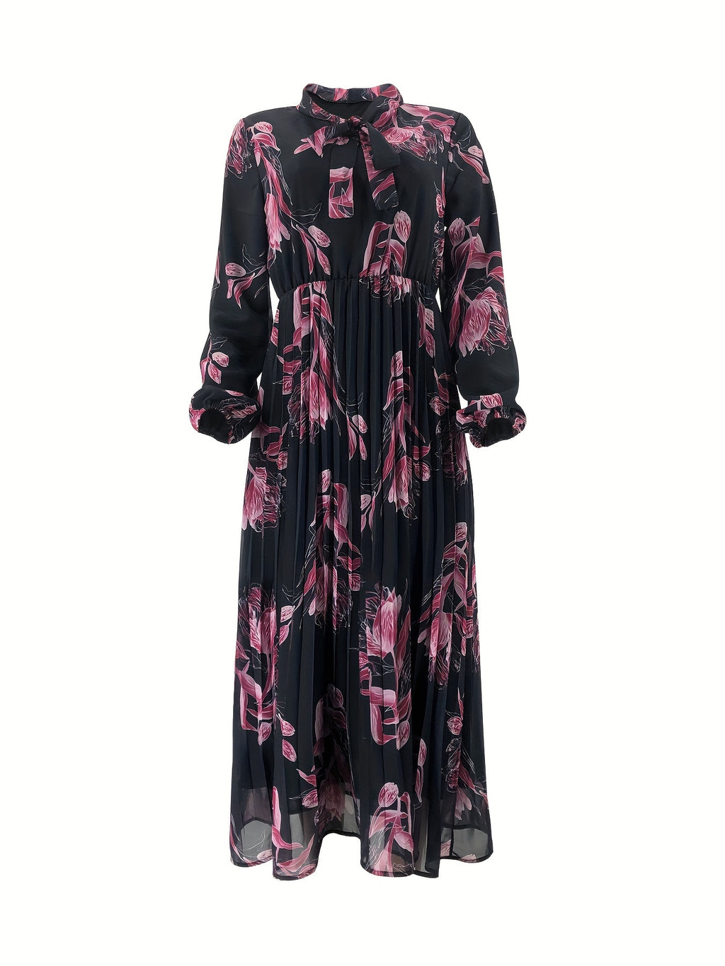 Women's Middle Eastern Muslim Pearl Chiffon Printed Pleated Long Dress Without Headscarf