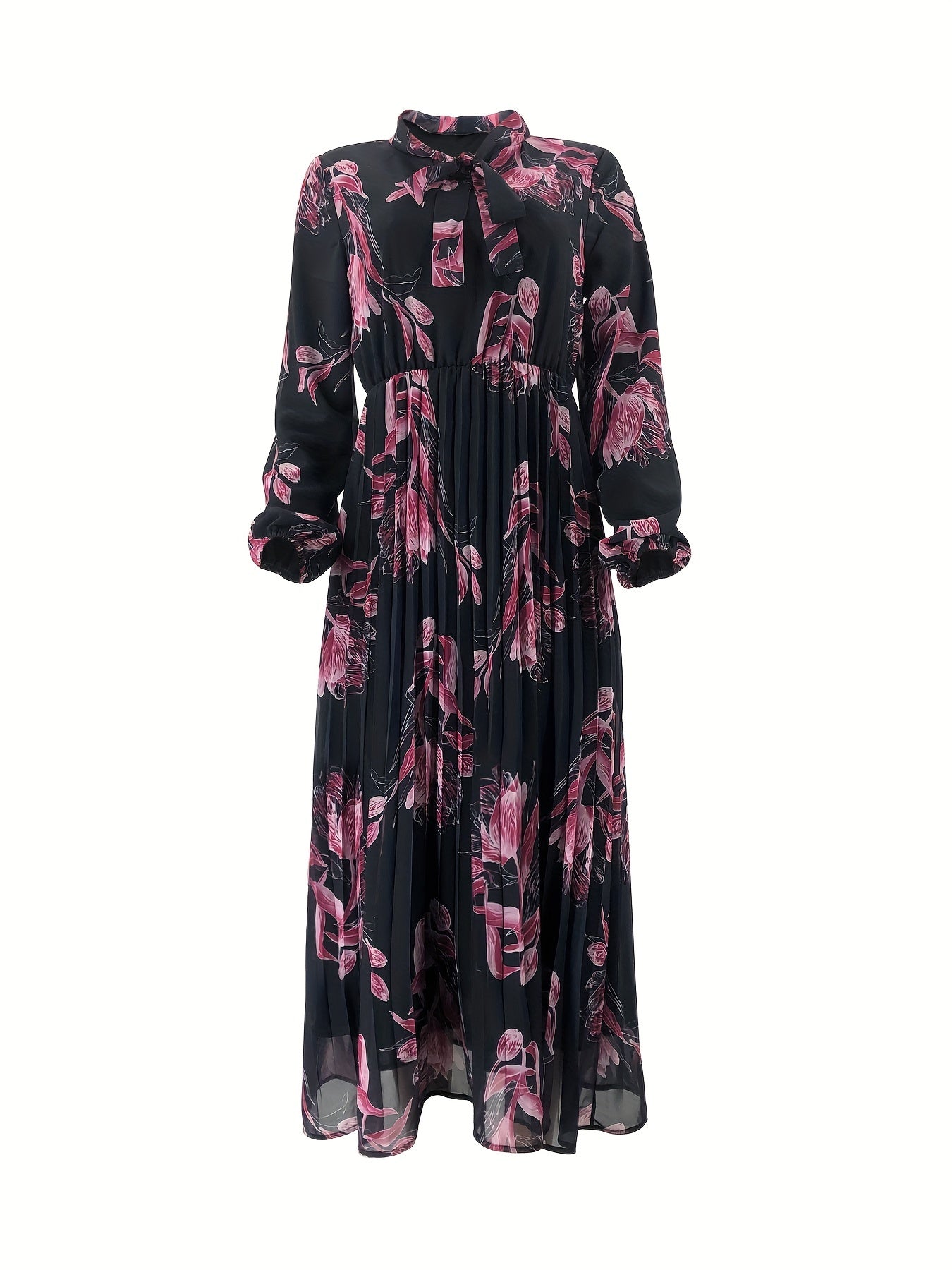 Women's Middle Eastern Muslim Pearl Chiffon Printed Pleated Long Dress Without Headscarf