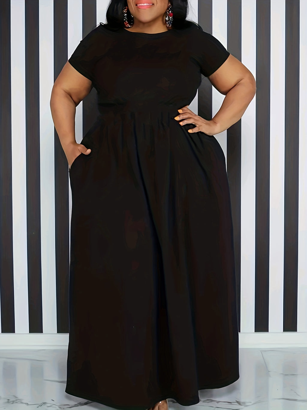 [Elegant Maxi Dress] Elegant Plus Size Solid Maxi Dress, Women's Medium Stretch Long Dress