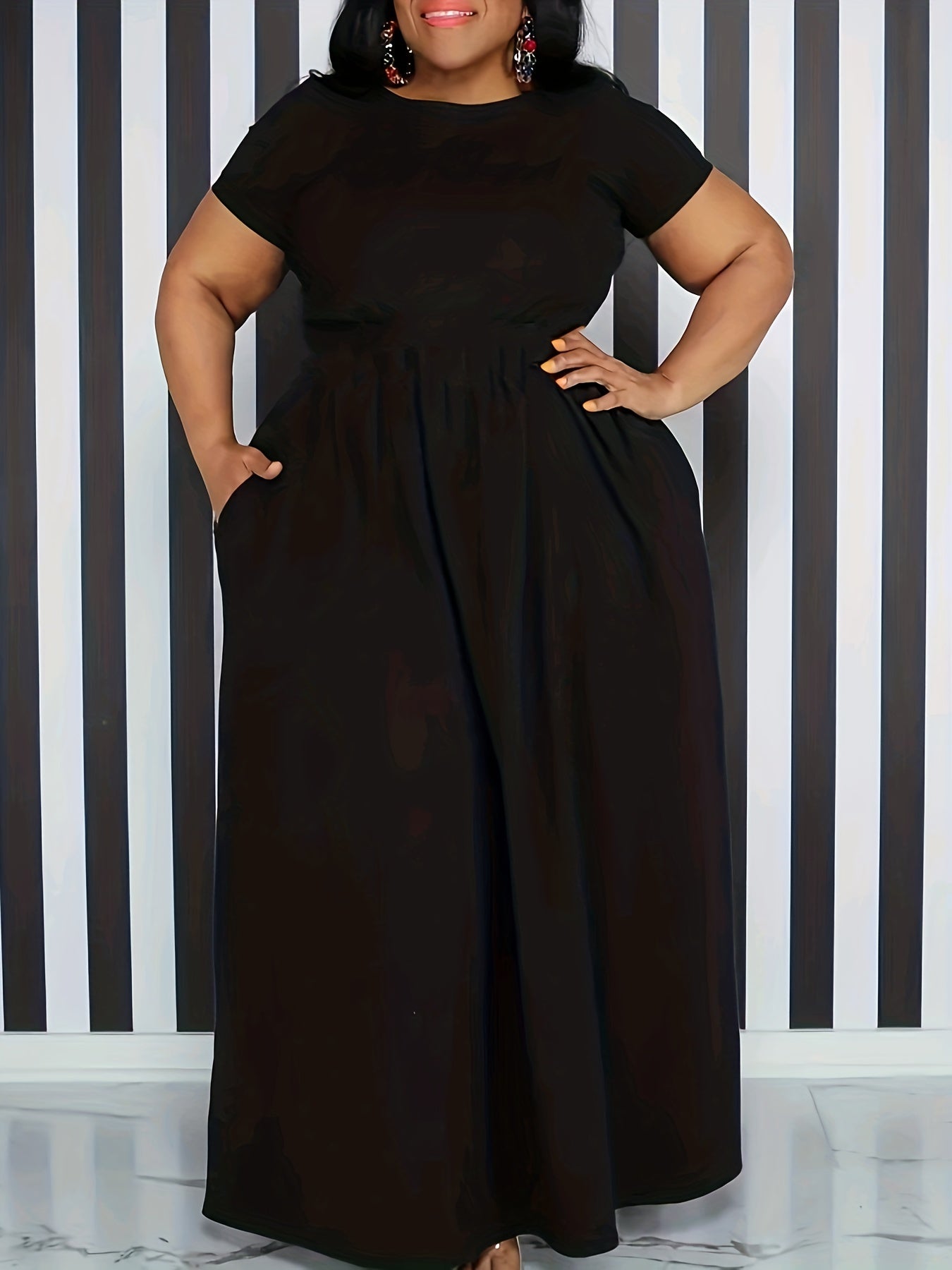 [Elegant Maxi Dress] Elegant Plus Size Solid Maxi Dress, Women's Medium Stretch Long Dress