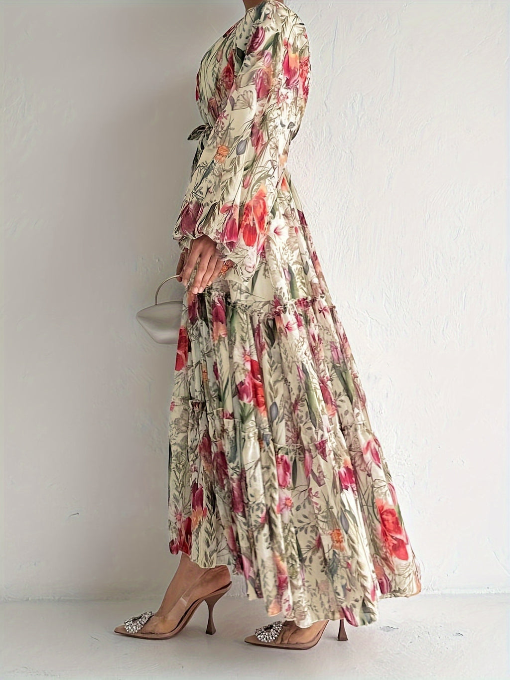 [Popular Choice] Floral Print Long Dress in Polyester with Spandex, Casual Style, Machine Washable - All Seasons