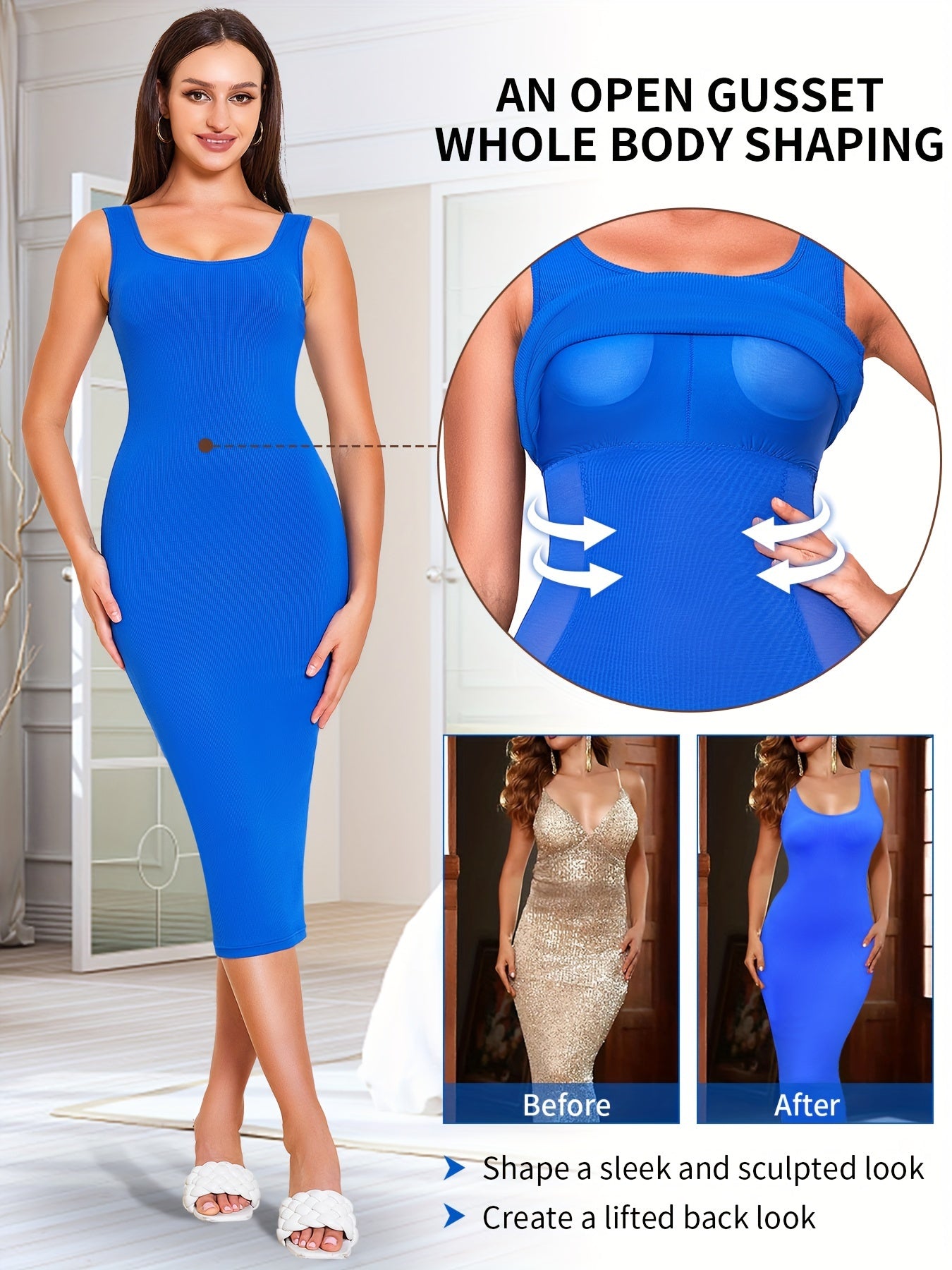 Womens 2-in-1 Shapewear Long Dress - Flattering Fishtail Skirt with Square Neck - Seamless Bodycon Slimming Dress with Discreet Mini Slit and Sculpting Technology