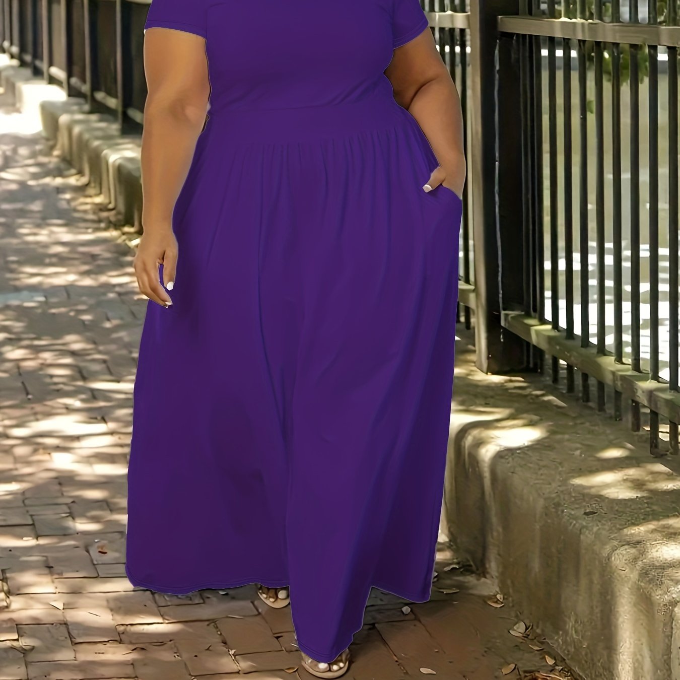 [Elegant Maxi Dress] Elegant Plus Size Solid Maxi Dress, Women's Medium Stretch Long Dress