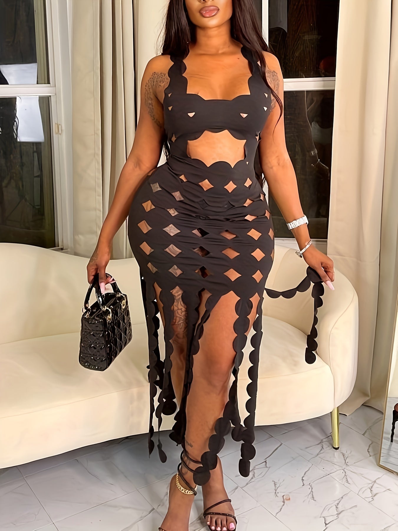 Women'S Sexy Sleeveless High-Waisted Bodycon Maxi Dress - Summer Solid Color Cut-Out & Ruched Design, Form-Fitting Long Dress for Parties & Evening Events, Party Attire, Elegant Silhouette, Sophisticated Craftsmanship