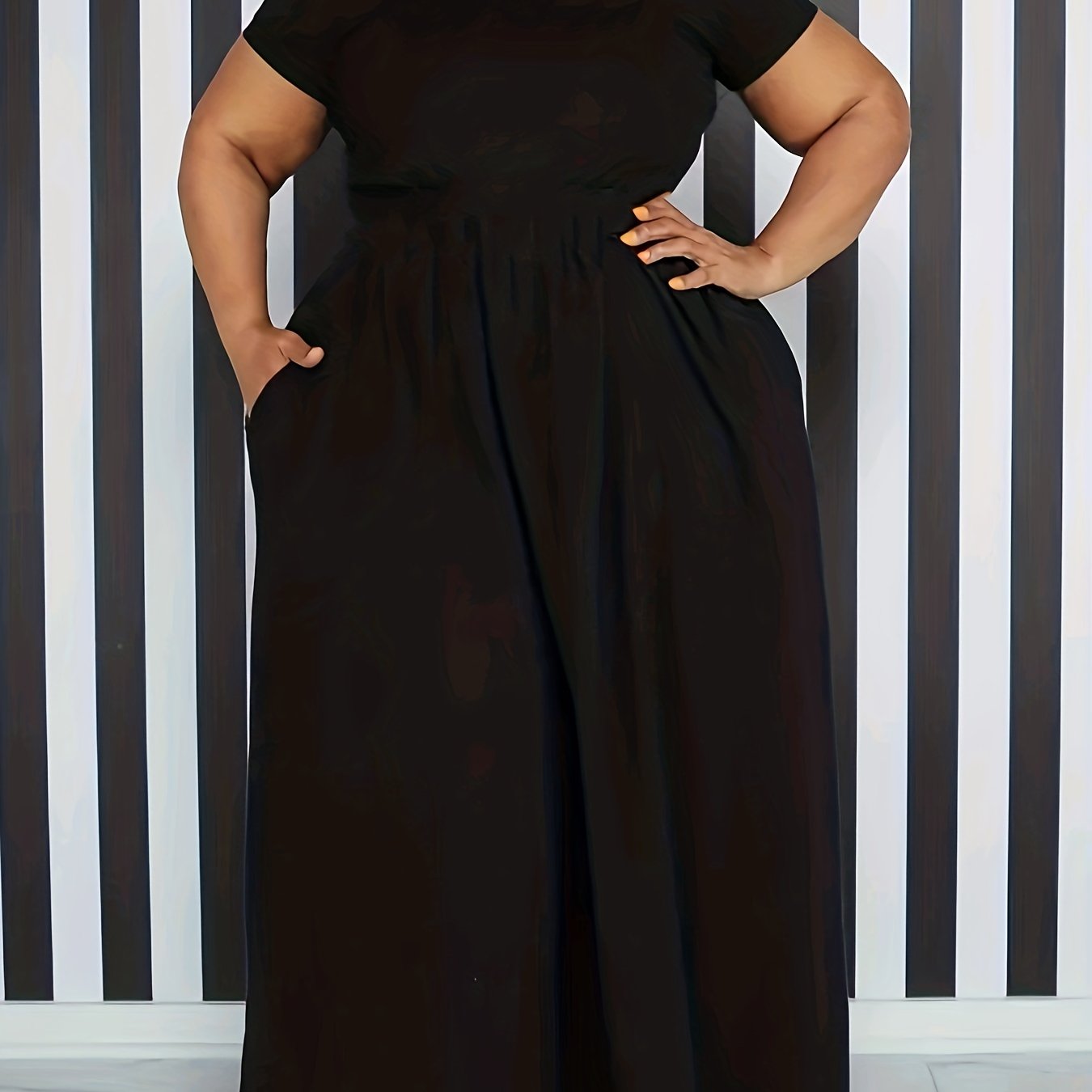 [Elegant Maxi Dress] Elegant Plus Size Solid Maxi Dress, Women's Medium Stretch Long Dress