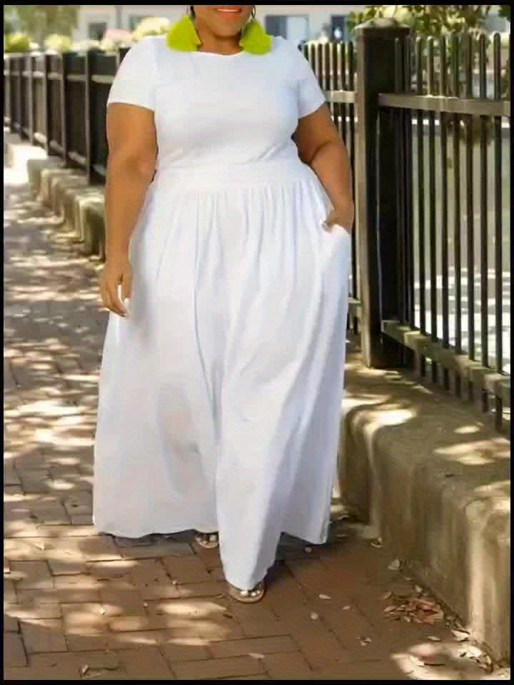 [Elegant Maxi Dress] Elegant Plus Size Solid Maxi Dress, Women's Medium Stretch Long Dress