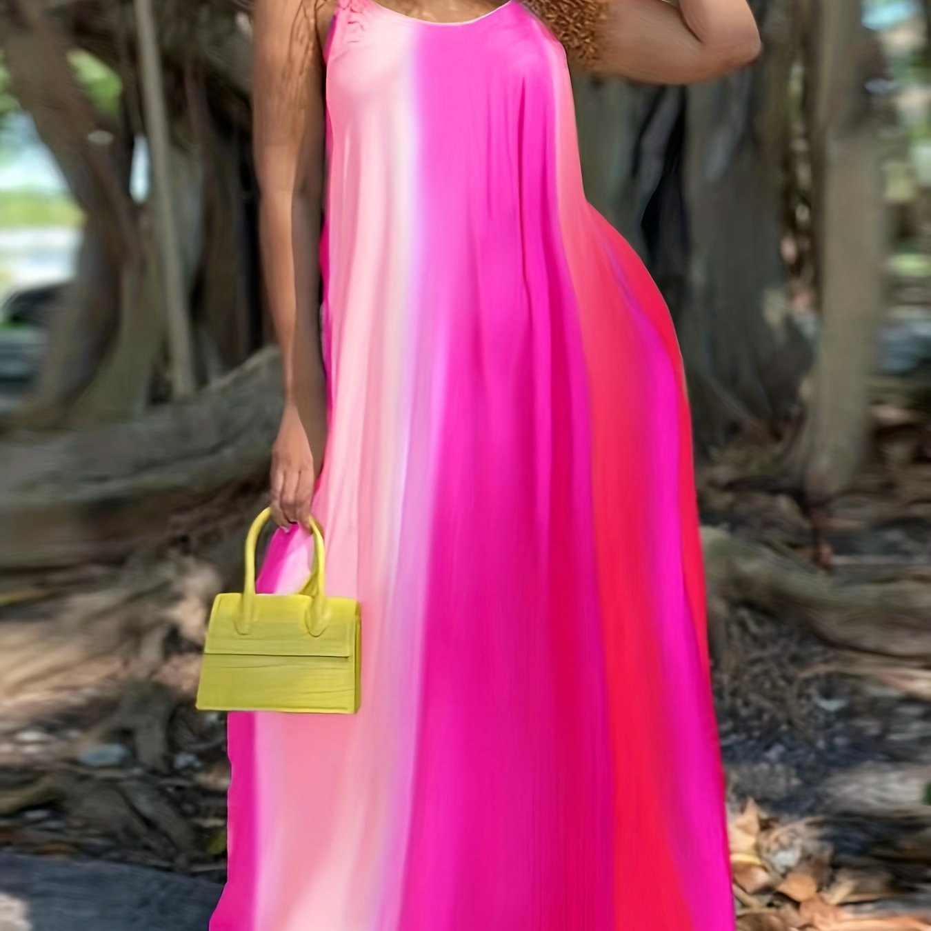 [Plus Size Maxi Dress] Elegant Plus Size Tie Dye V Neck Loose Cami Maxi Dress, Women's Slight Stretch Long Dress