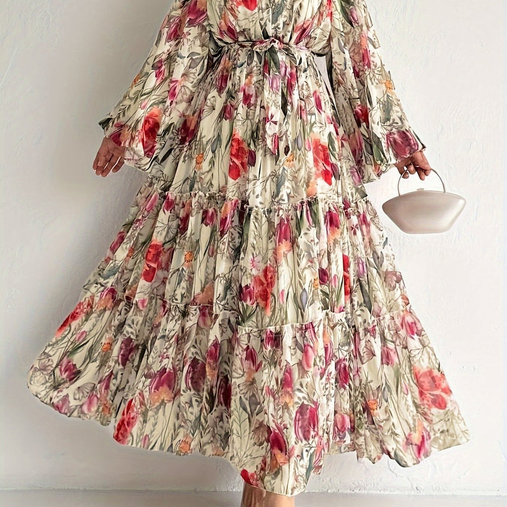 [Popular Choice] Floral Print Long Dress in Polyester with Spandex, Casual Style, Machine Washable - All Seasons