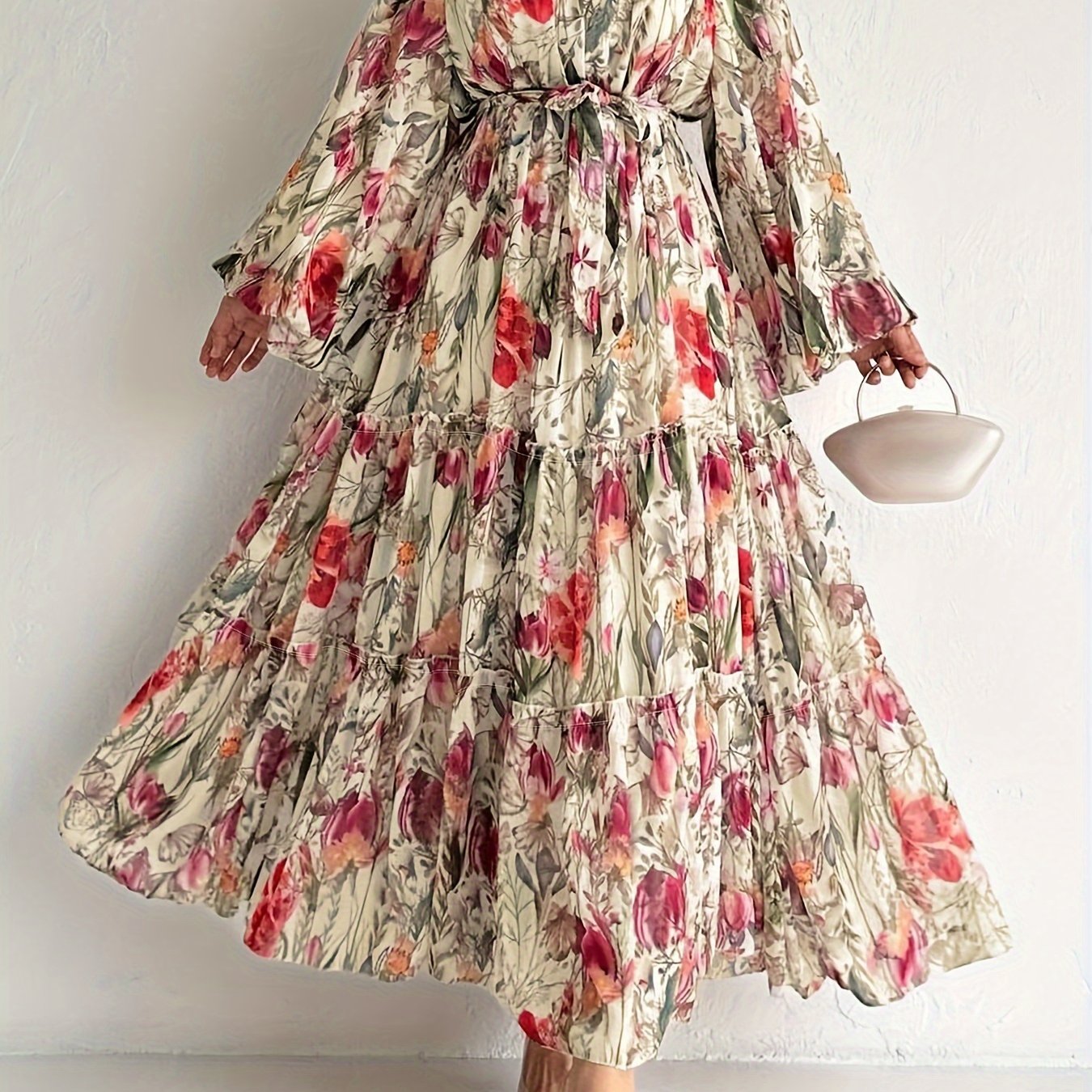 [Popular Choice] Floral Print Long Dress in Polyester with Spandex, Casual Style, Machine Washable - All Seasons