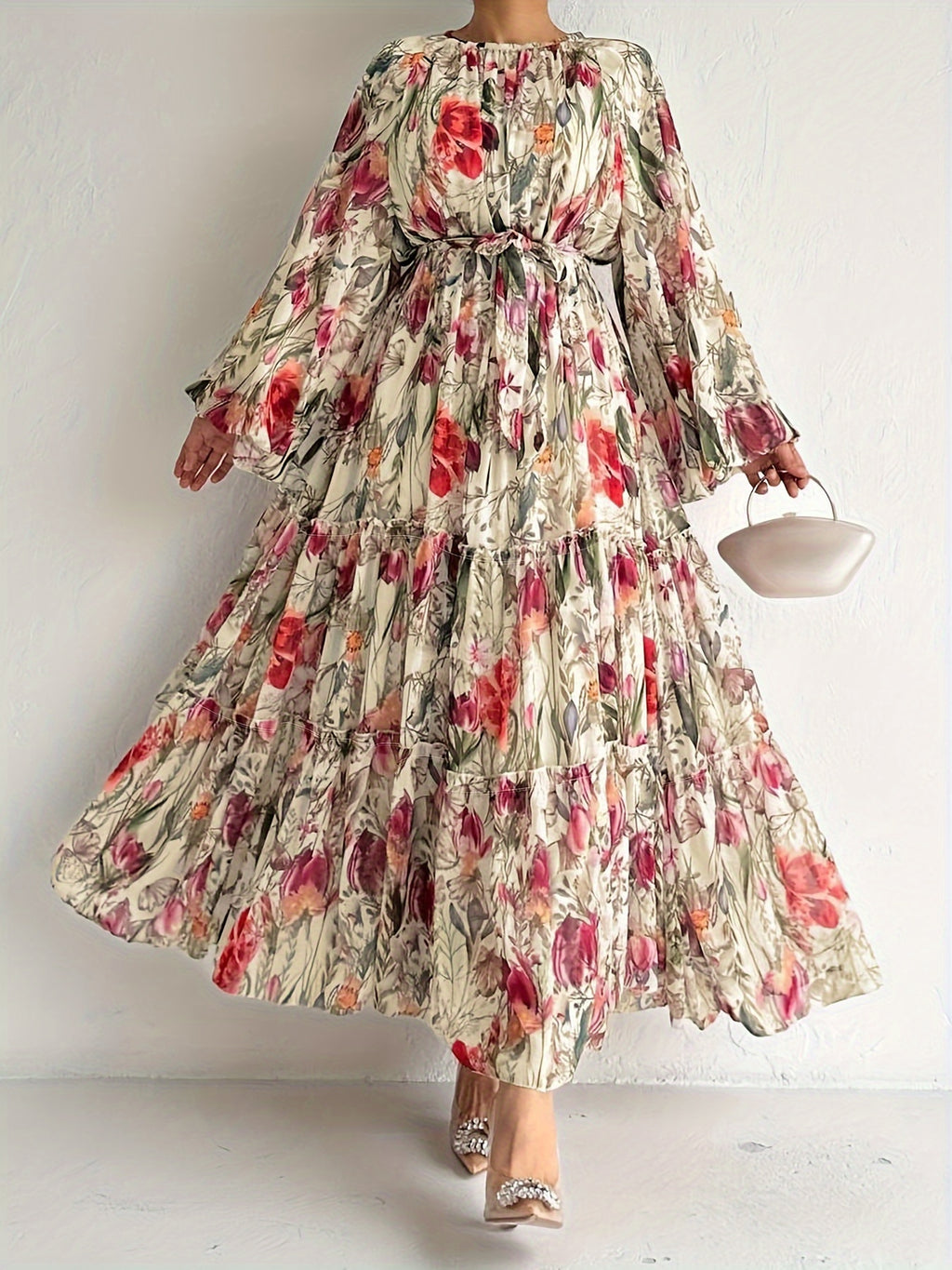 [Popular Choice] Floral Print Long Dress in Polyester with Spandex, Casual Style, Machine Washable - All Seasons