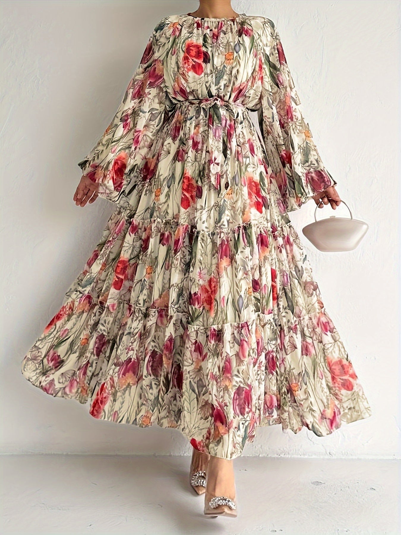 [Popular Choice] Floral Print Long Dress in Polyester with Spandex, Casual Style, Machine Washable - All Seasons