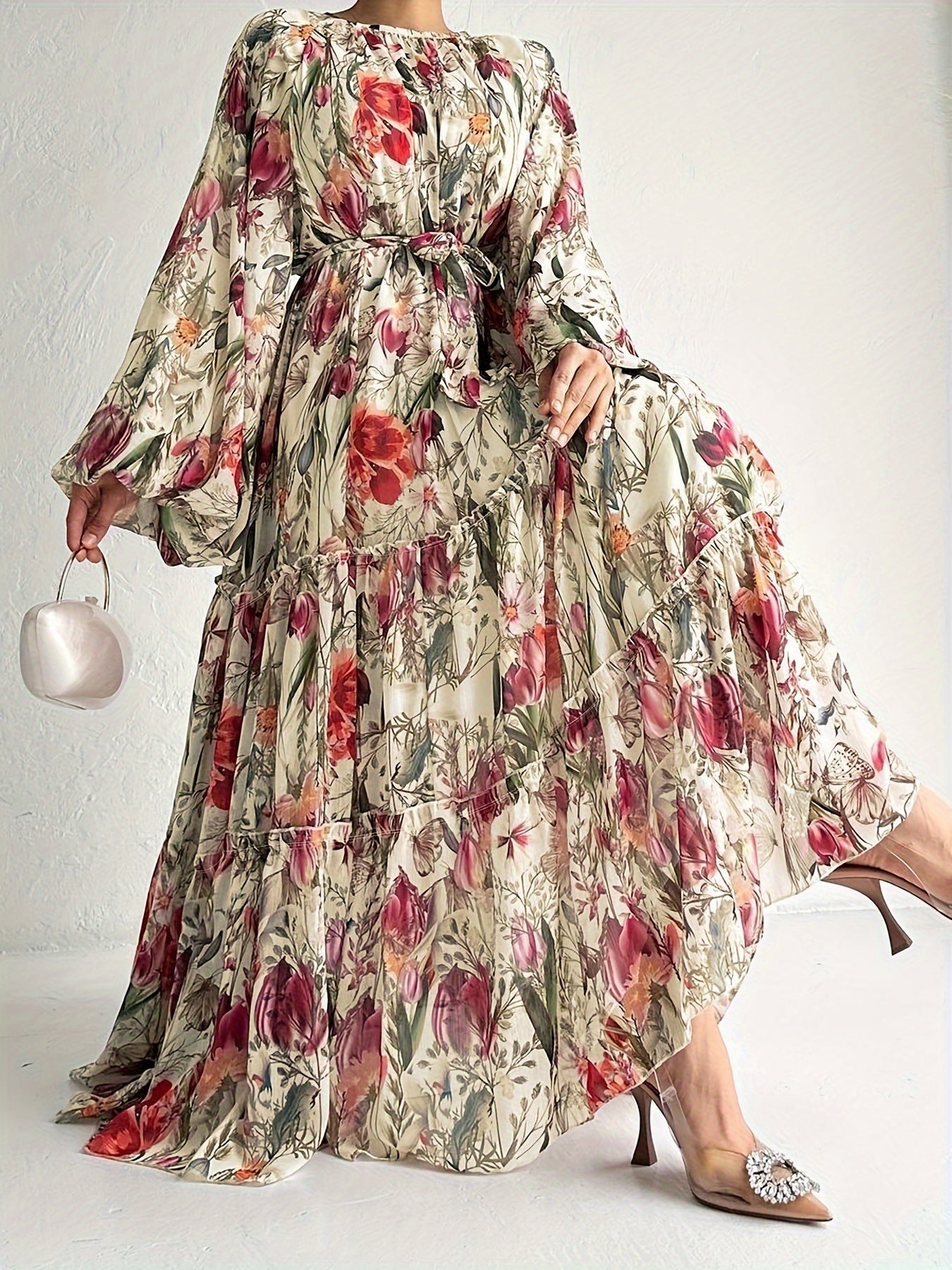 [Popular Choice] Floral Print Long Dress in Polyester with Spandex, Casual Style, Machine Washable - All Seasons
