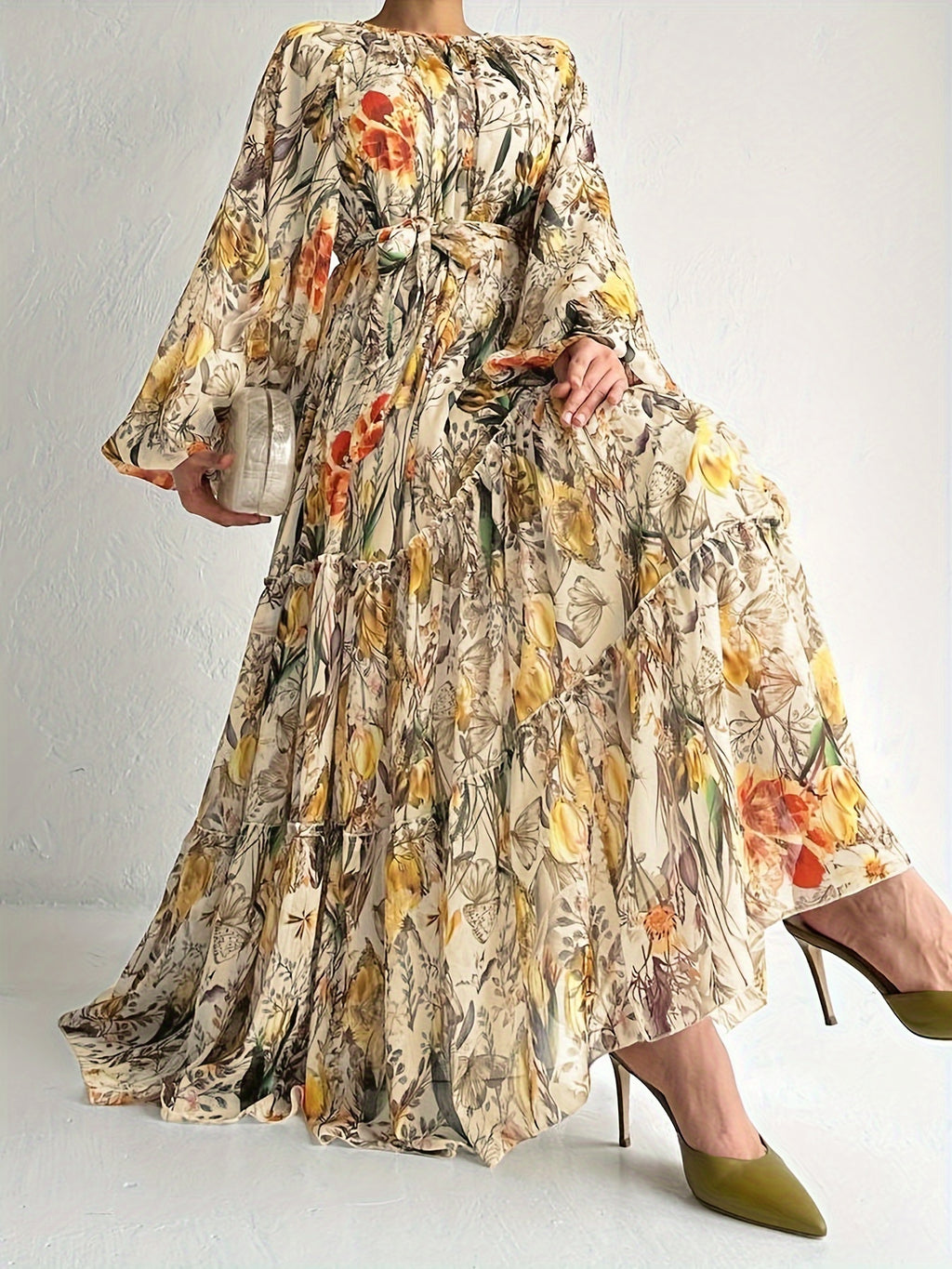 [Popular Choice] Floral Print Long Dress in Polyester with Spandex, Casual Style, Machine Washable - All Seasons