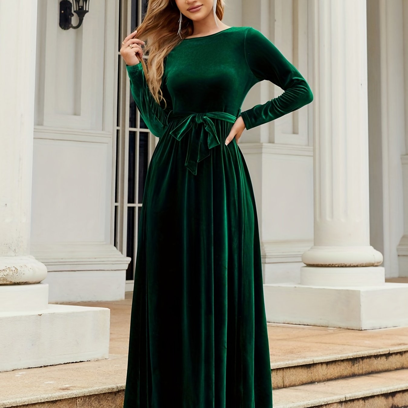 Fall Elegance: Women's Chic Belted Long Dress with Boat Neck and Long Sleeves, Machine Washable, Non-Sheer
